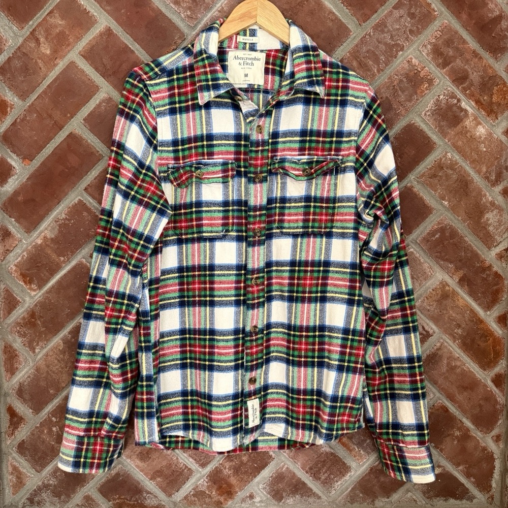 Y2K Vintage Abercrombie & Fitch Muscle Flannel Shirt M Red Blue Plaid Thick‎